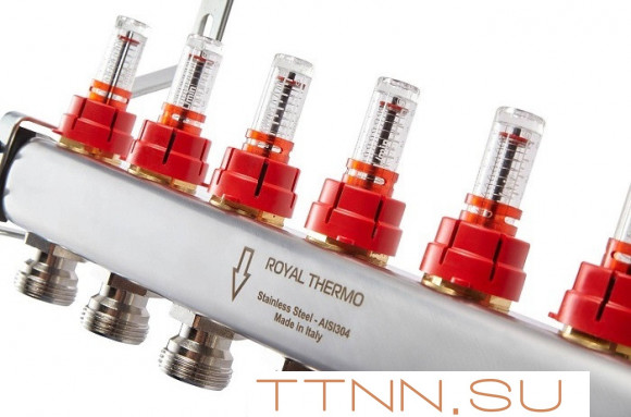 Для отопления Royal Thermo 1" ВР-3/4" НР, 6 выходов с расходомерами, нерж. (RTE 52.106)