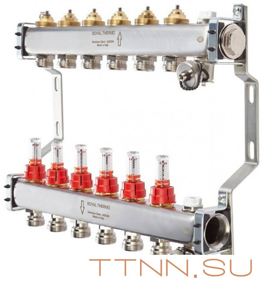 Для отопления Royal Thermo 1" ВР-3/4" НР, 9 выходов с расходомерами, нерж. (RTE 52.109)