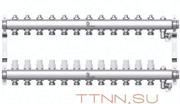 Коллектор нерж. для отопления Wester 1"-3/4 в сборе на 12 выходов с 2 заглушками Коллектор нерж. для отопления Wester 1"-3/4 в сборе на 12 выходов с 2 заглушками