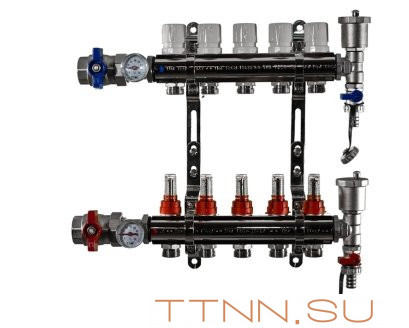 Коллекторная группа латунь TIM 5 выходов KA005 с кранами и расходомерами